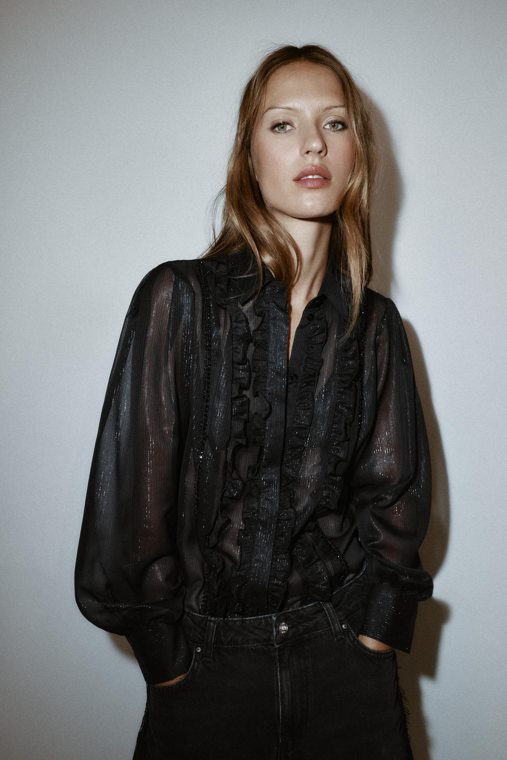SEMI-SHEER SHIRT WITH RUFFLES AND BEADS - Zara фото 2