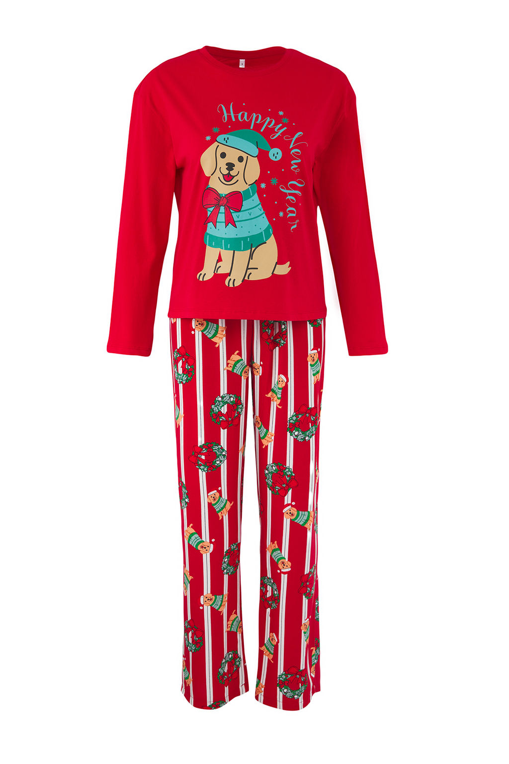 Teen K?rm?z? Ust Orme Alt Dokuma Kopek Bask?l? ve Y?lbas? Temal? Pijama Tak?m? THMAW26PT00044