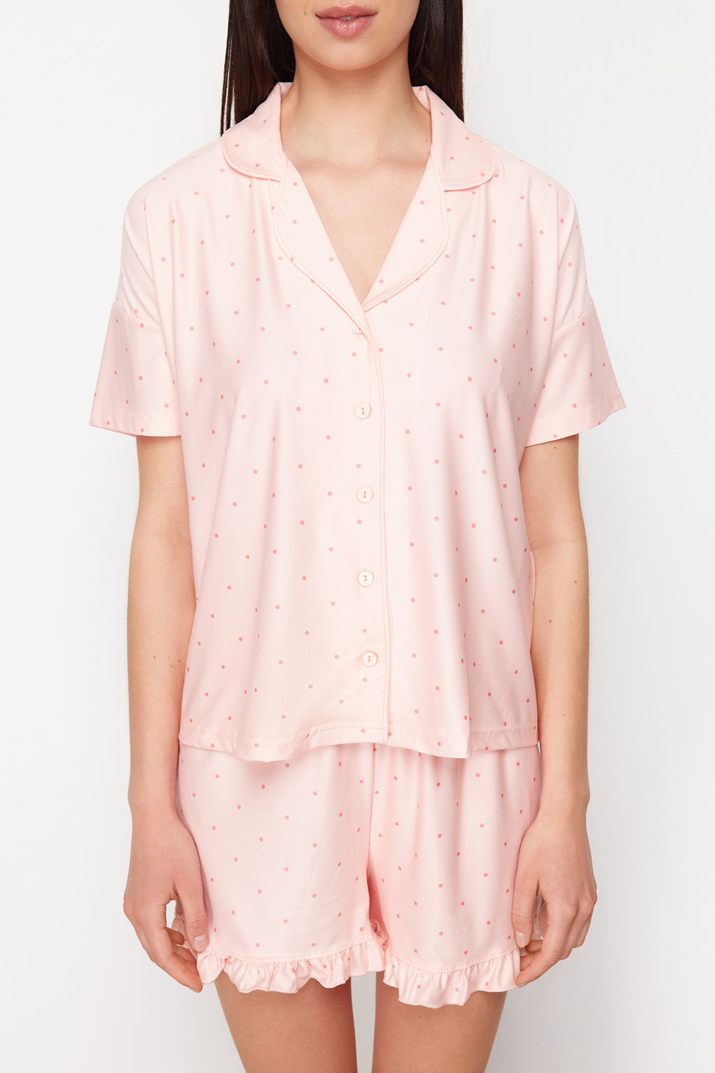 Trendyolmilla Somon Puantiyeli F?rf?r Detayl? Sortlu Orme Pijama Tak?m? THMSS24PT00284  фото 11