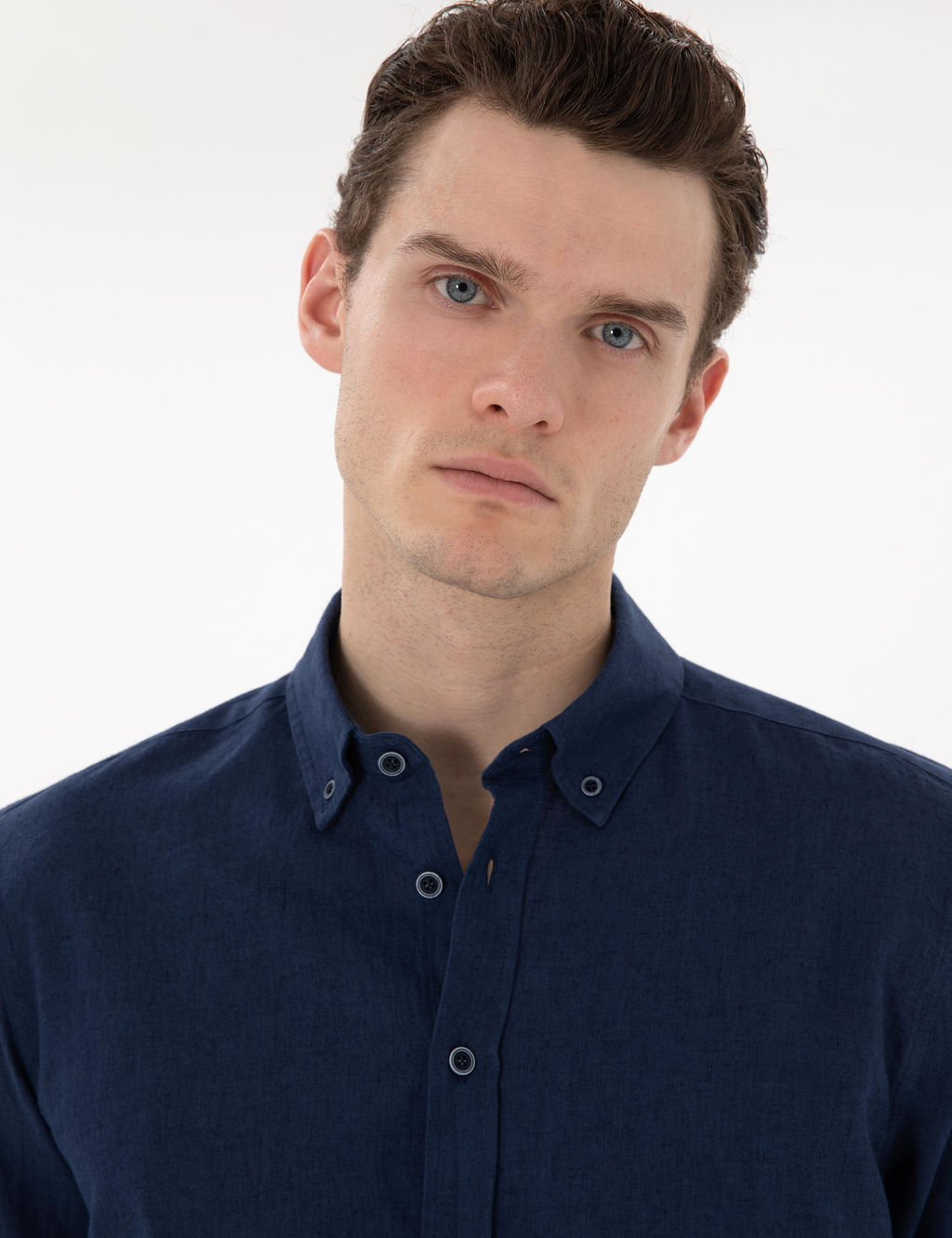 Lacivert Keten Kar___ml_ Regular Fit Uzun Kollu G_mlek