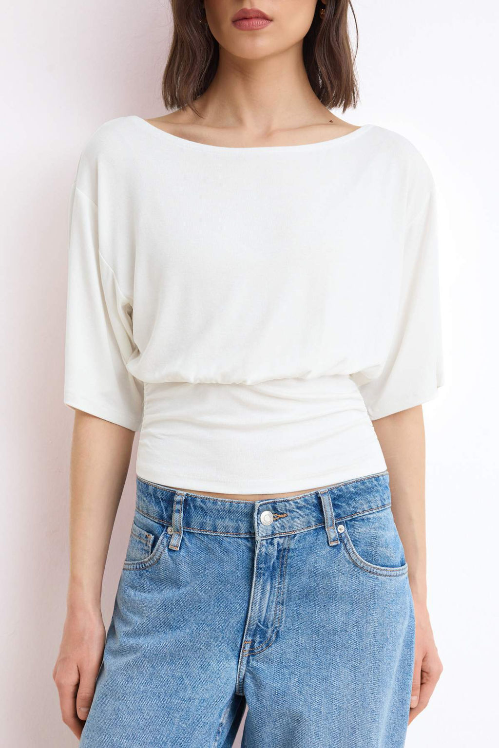 Ekru Duz Regular/Normal Kal?p Asimetrik Yaka Premium Yumusak Orme Bluz TWOSS26BZ00097