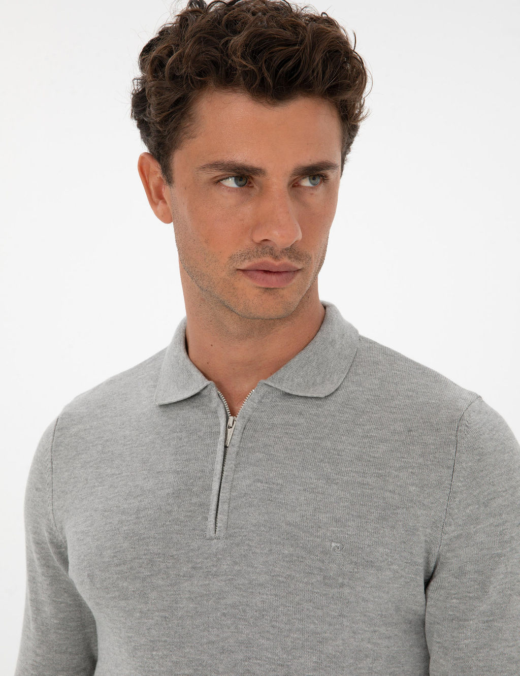 Gri Melanj Slim Fit Polo Yaka Fermuarl_ Basic Triko Kazak - Pierre cardin фото 2