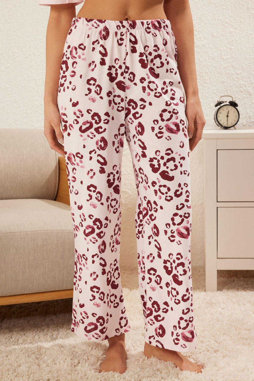 Trendyolmilla Pudra %100 Pamuklu Leopar Desenli Orme Pijama Tak?m? THMSS25PT00181