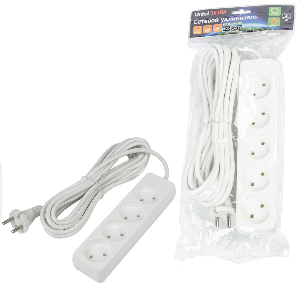 S-CU4-5 WHITE Удлинитель серии Ultra, шнур 5м., 4 гнезда, 10A, б/з. Белый. TM Uniel