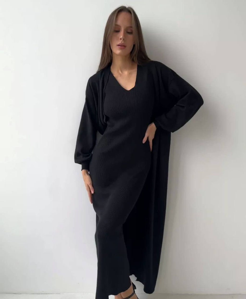 K11935 Костюм двойка: платье и кардиган ЧЕРНЫЙ