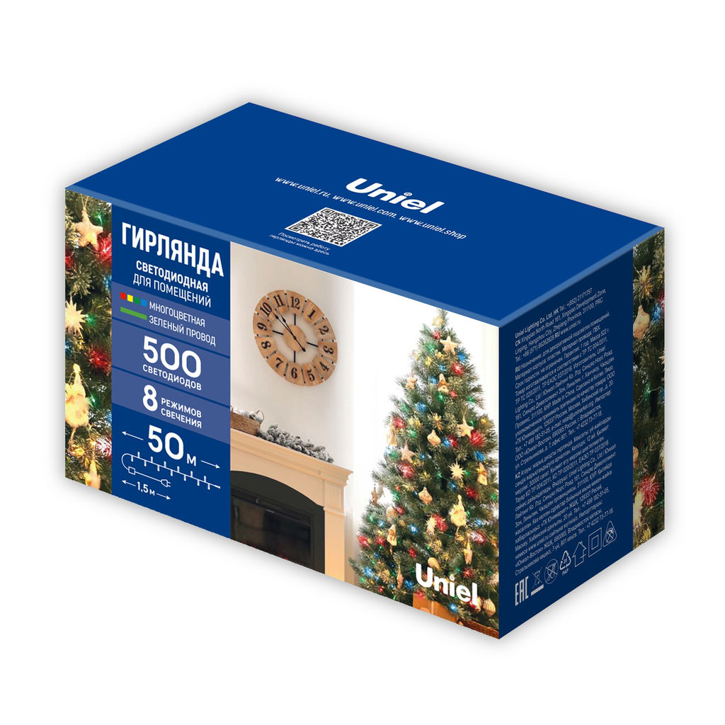 ULD-S5000-500/DGA MULTI IP20 Гирлянда светодиодная, 50м. 500 светодиодов. Разноцветный свет. Провод зеленый. ТМ Uniel