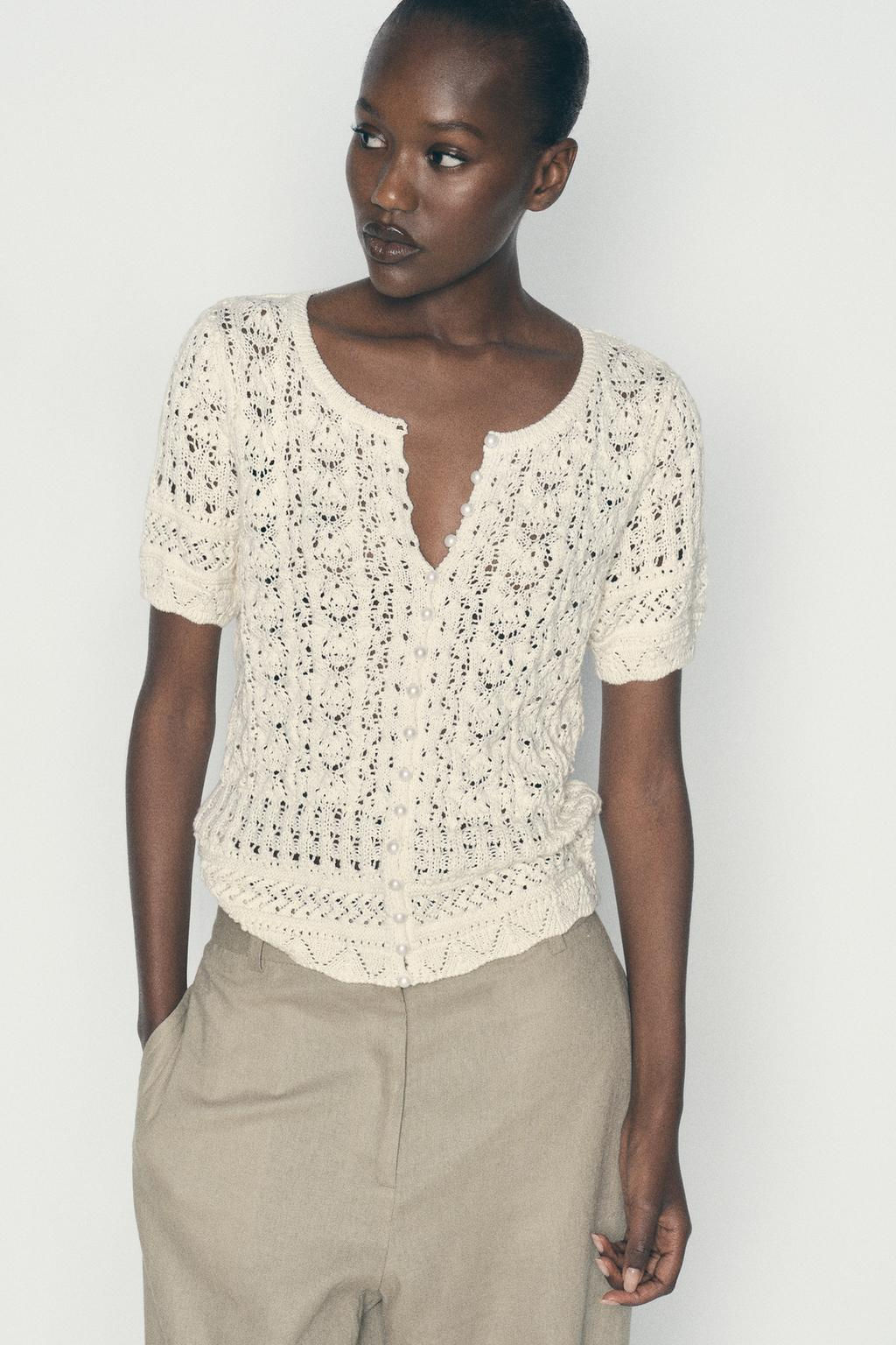 POINTELLE KNIT CARDIGAN WITH FAUX PEARL BUTTONS - Zara фото 2