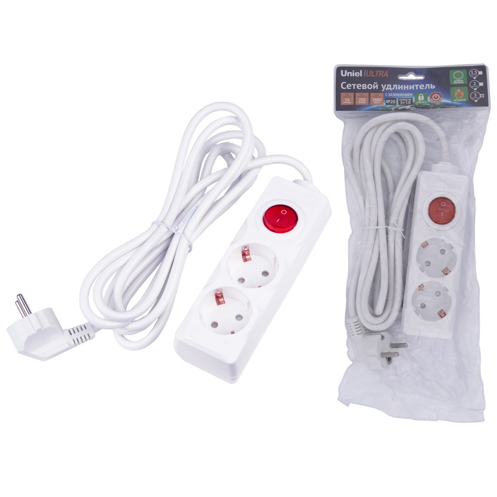 S-GCU2-3B WHITE Удлинитель серии Ultra, шнур 3м., 2 гнезда, 16A, с/з. Белый. TM Uniel