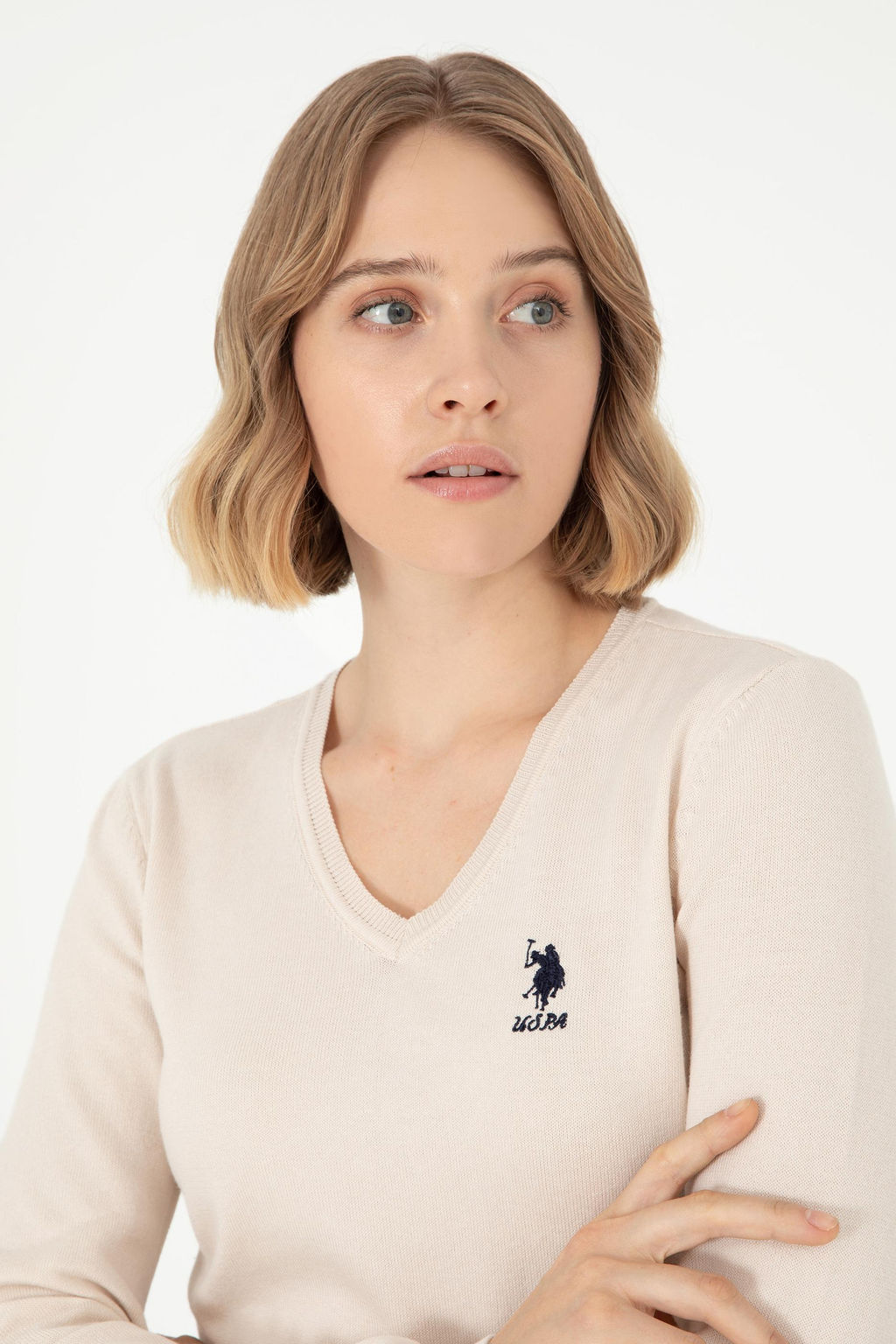 Женский базовый свитер кремового меланжевого цвета Неожиданная скидка в корзине - U.s. polo assn фото 2