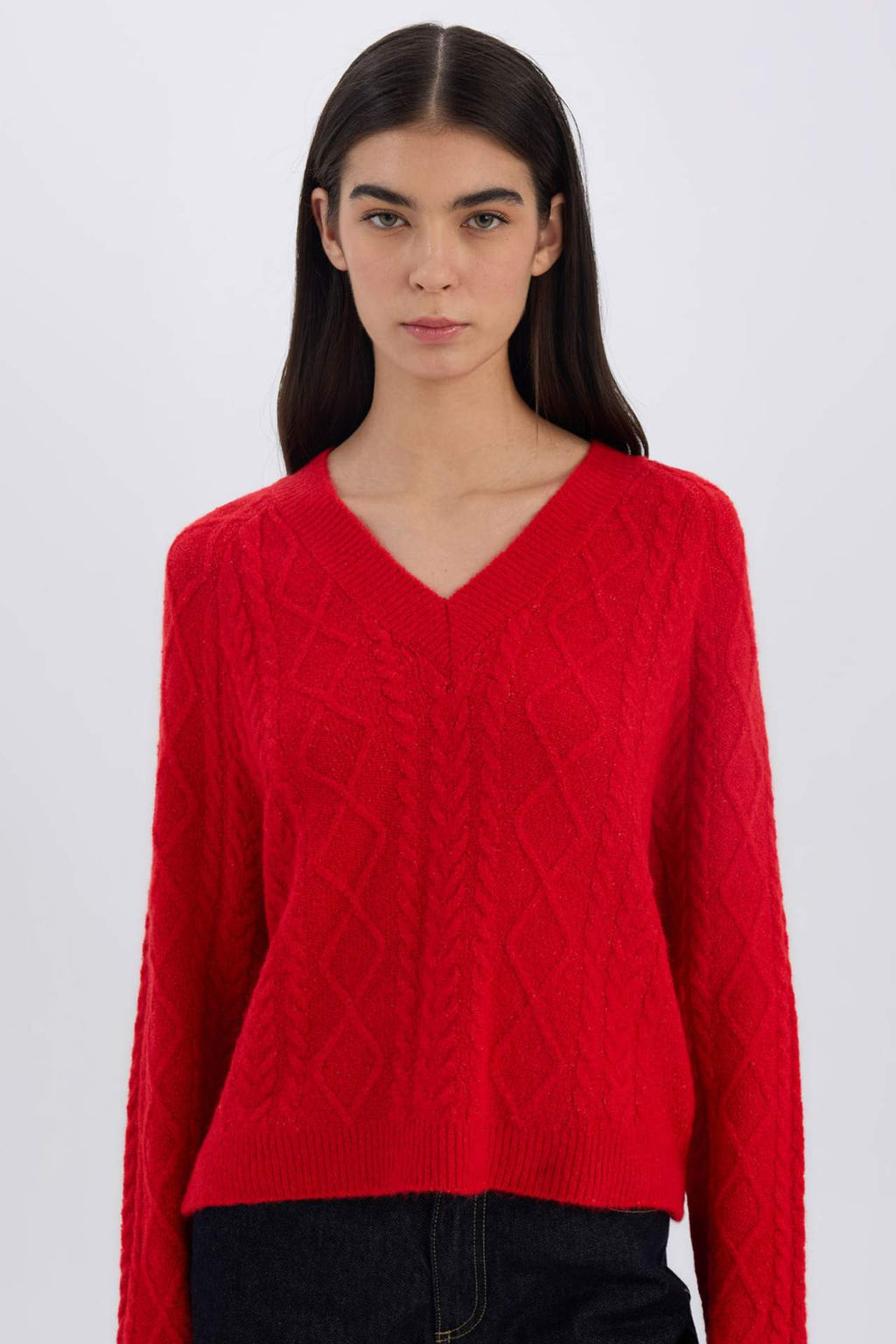 Relax Fit V Yaka Sac Orgulu Triko Kazak - Defacto фото 2