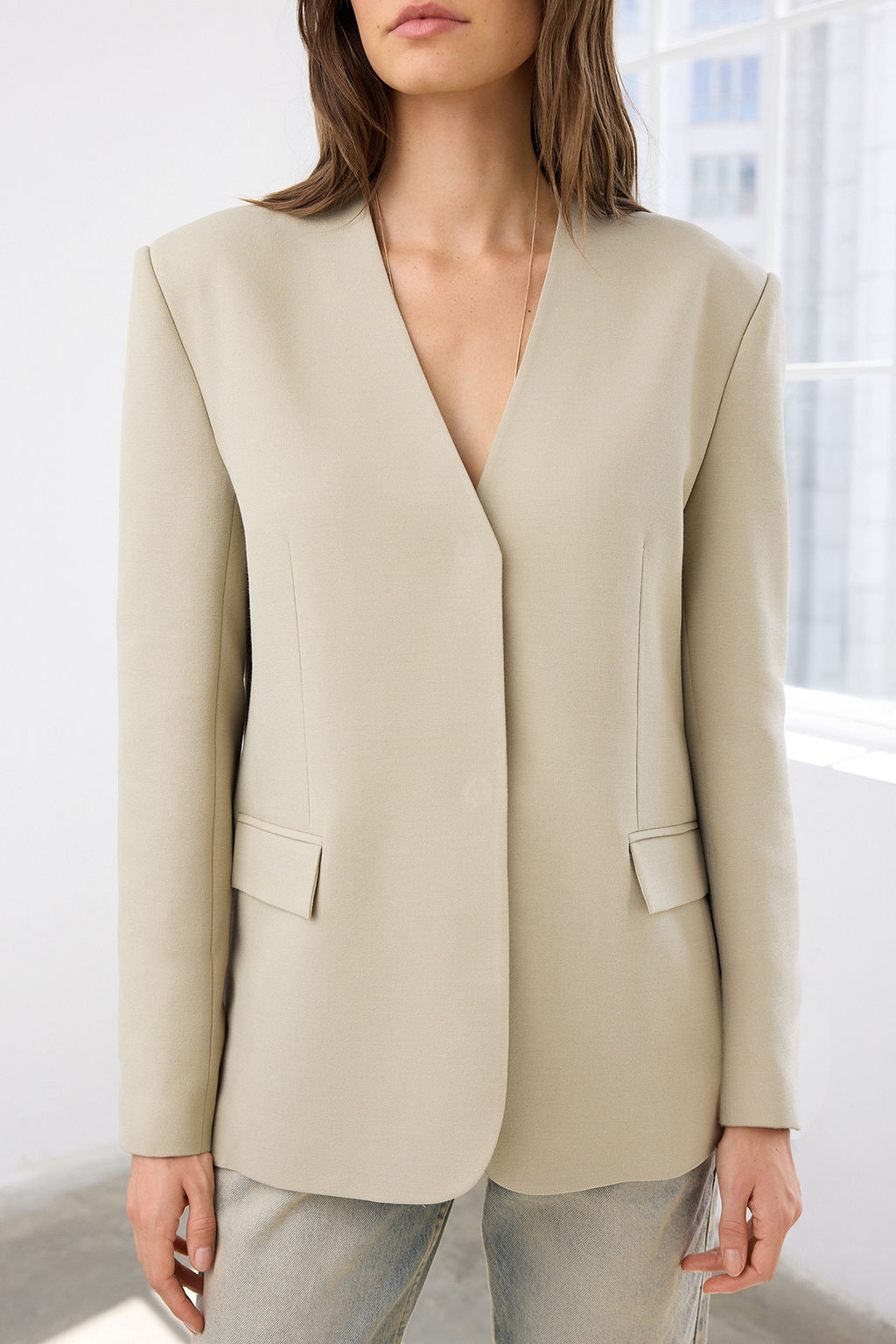 Vizon C?tc?t Kapamal? Regular/Normal Kal?p Yakas?z Dokuma Blazer Ceket TWOAW26BC00030 - Trendyolmilla фото 4