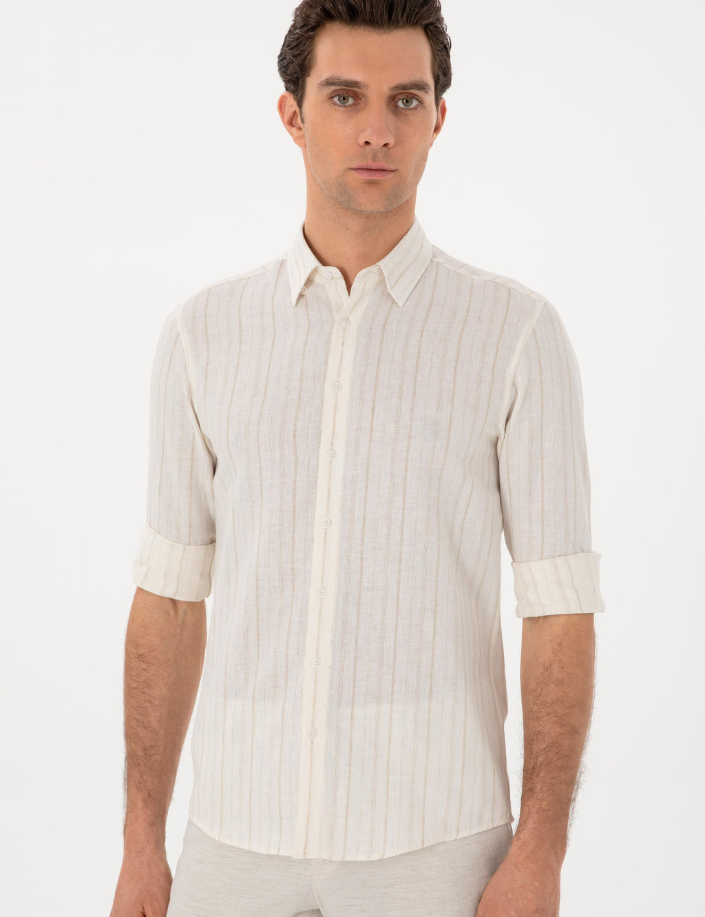 Bej Slim Fit _izgili Keten Kar___ml_ G_mlek