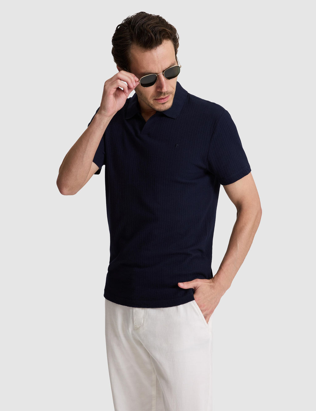 Lacivert Slim Fit %100 Pamuk Apa_ Yaka T-shirt