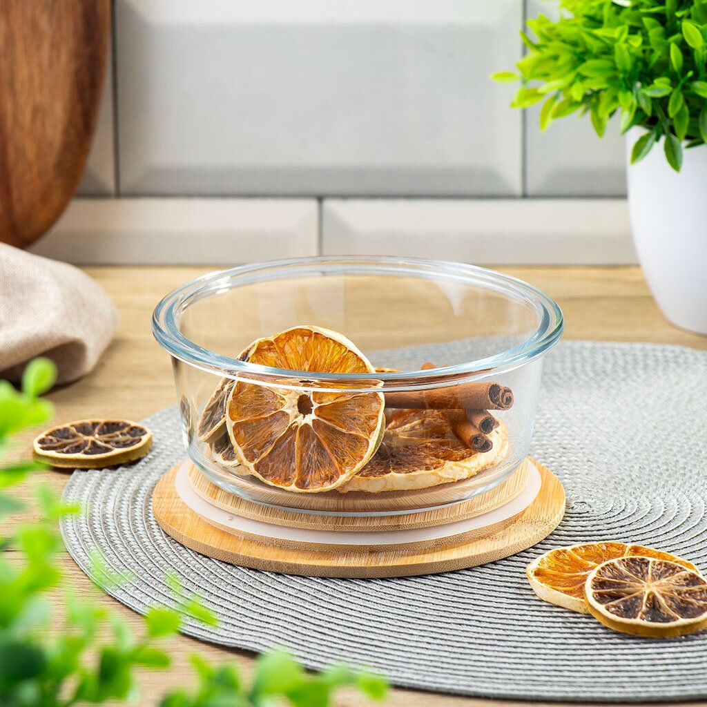 Контейнер пищевой жаропрочное стекло, 0.62 л, 15х15х7 см, круг., с бамбуковой кр., Y4-6575 (433960) /DANIKS/  фото 4