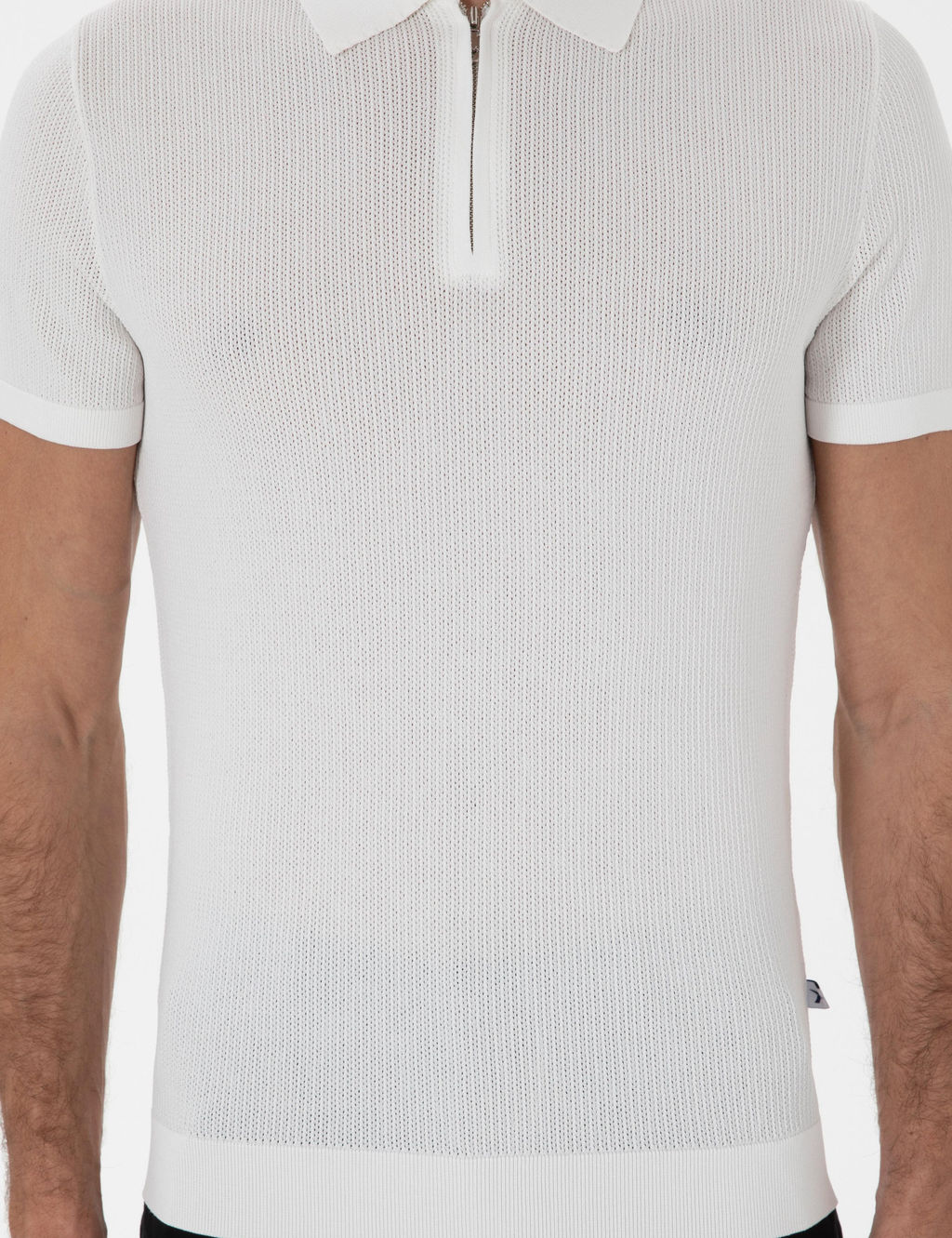 Ekru Slim Fit Fermuarl_ Polo Yaka Triko T-shirt