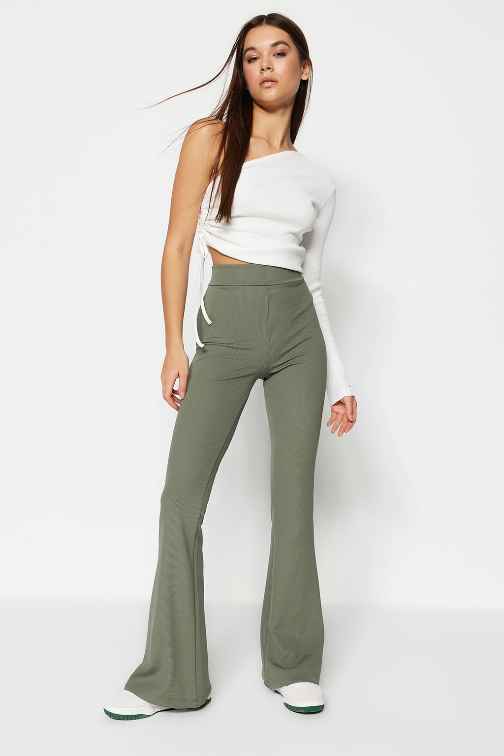 TRENDYOLMILLA Siyah Fitilli Flare/Ispanyol Paca Yuksek Bel Esnek Orme Tayt Pantolon TWOSS23PL00135  фото 3