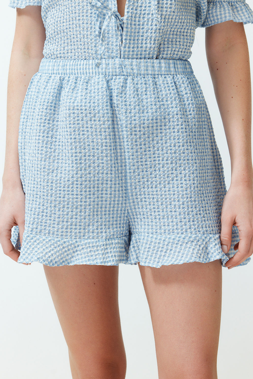 Trendyolmilla Mavi Dokulu Potikareli Baglama/Kurdele/Fiyonk Detayl? Sortlu Dokuma Pijama Tak?m? THMSS24PT00149  фото 8