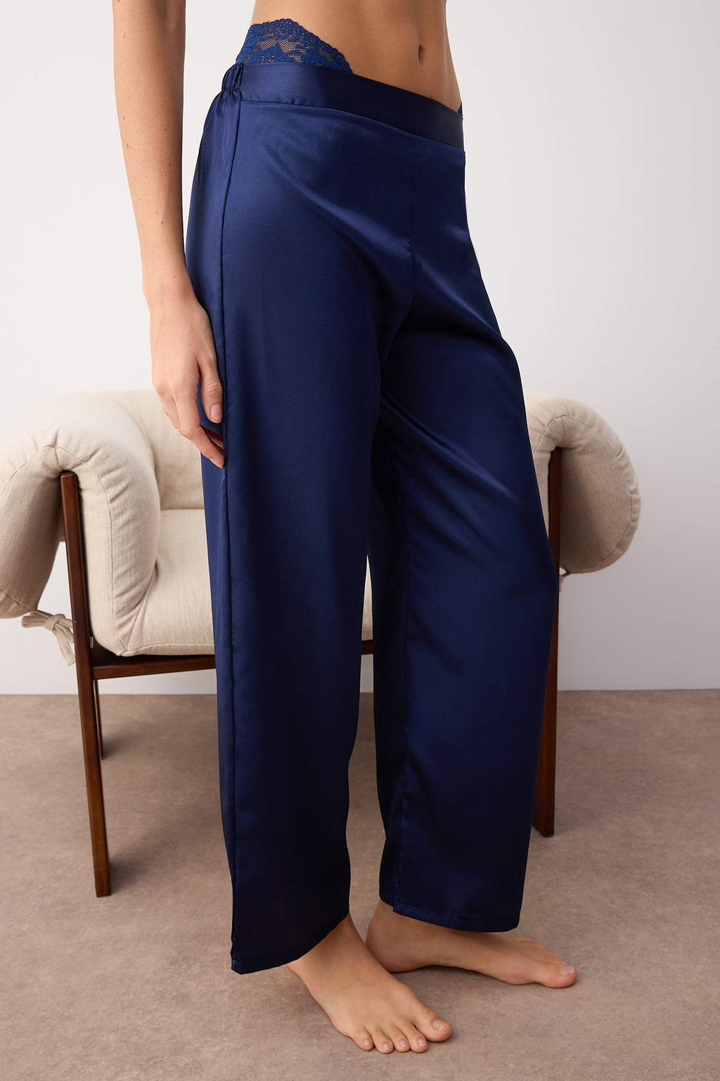 Lacivert 3lu Ceyiz Set Ust Dantel, Alt Saten Ask?l? Kulotlu Dokuma Pijama Tak?m? THMAW26PT00077