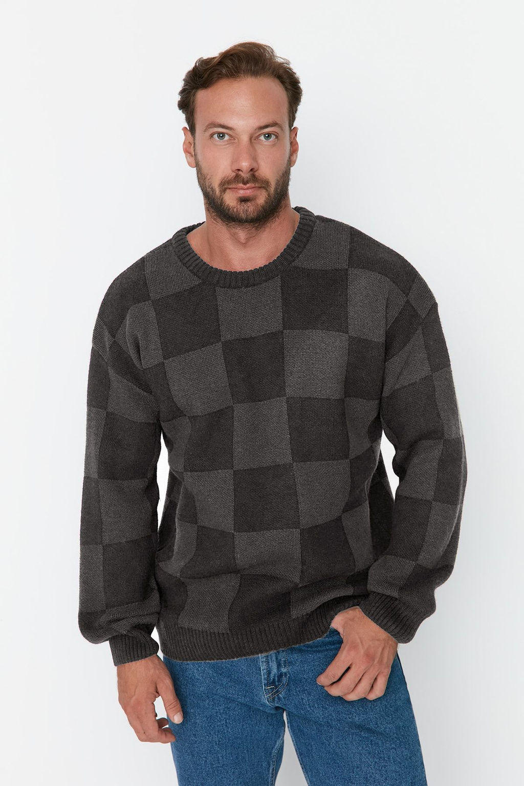 TRENDYOL MAN Lacivert Erkek Oversize Bisiklet Yaka Ekose / Kareli Triko Kazak TMNAW23KZ00279 - Trendyolmilla фото 4