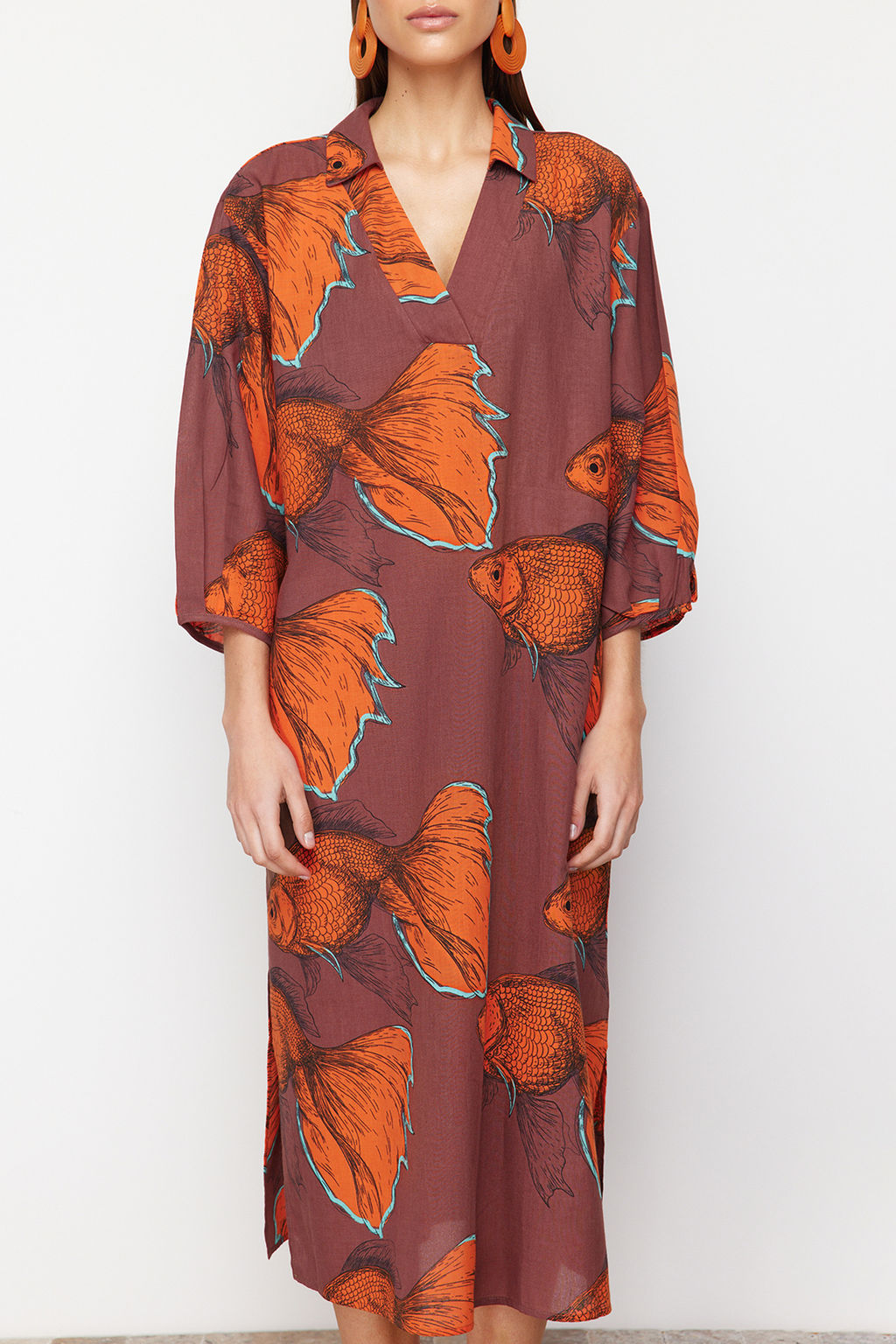 TRENDYOLMILLA Bal?k Desenli Genis Kal?p Dokuma %100 Pamuk Midi Plaj Elbisesi TBESS22EL0009 фото 4