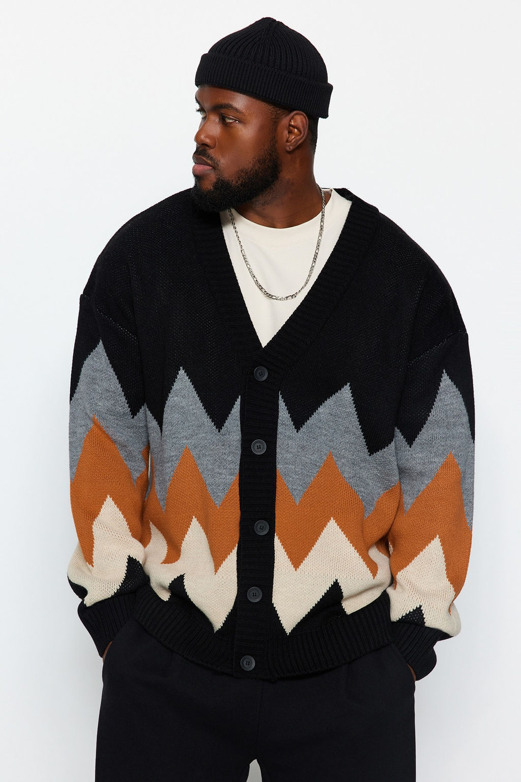 TRENDYOL MAN Siyah Buyuk Beden Oversize Fit Genis Kal?p Baklava Desenli Triko H?rka TMNAW24AV00004