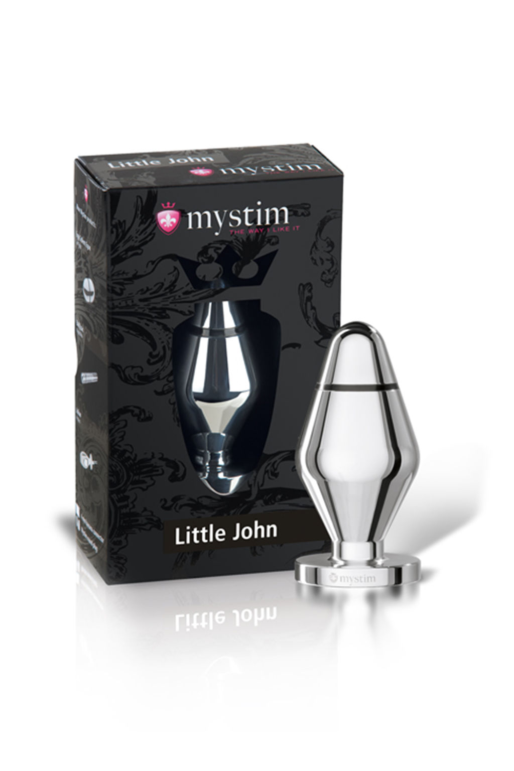 Анальная пробка Mystim Little John S, электростимуляция, хирургическая сталь, серебряная, 9 см, 3,
