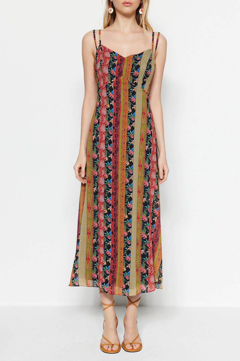 TRENDYOLMILLA Cok Renkli Desenli A-Kesim Ask?l? Midi Astarl? Dokuma Elbise TWOSS23EL00989 фото 8