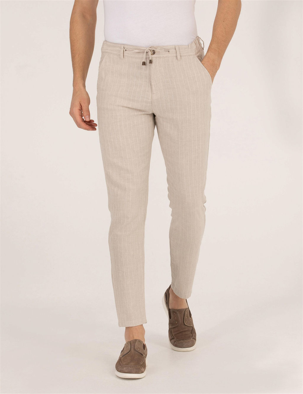 Bej Carrot Fit Beli Lastikli Keten Kar___ml_ Kanvas Pantolon - Pierre cardin фото 4