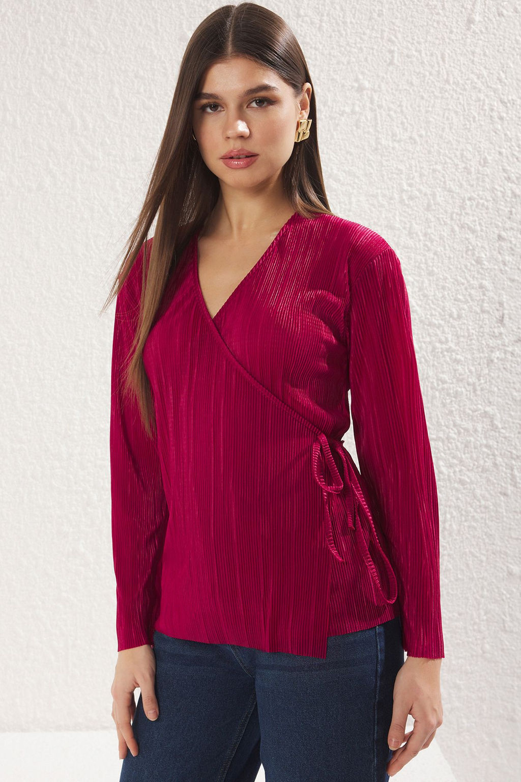 Trendyolmilla Bordo Pilise Baglama Detayl? Kruvaze Uzun Orme Bluz TWOSS25BZ00016