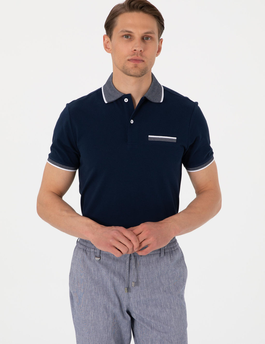 Lacivert Slim Fit %100 Pamuk D__meli Polo Yaka Ti__rt