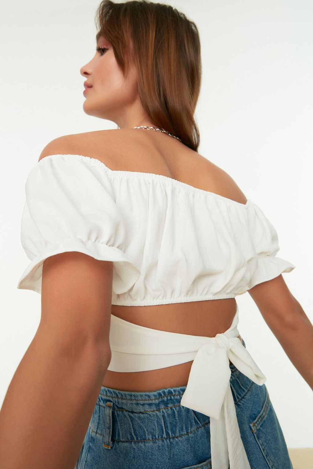 Trendyolmilla Siyah Baglama Detayl? Carmen Yaka Dokuma Bluz TWOSS21BZ0797  фото 8