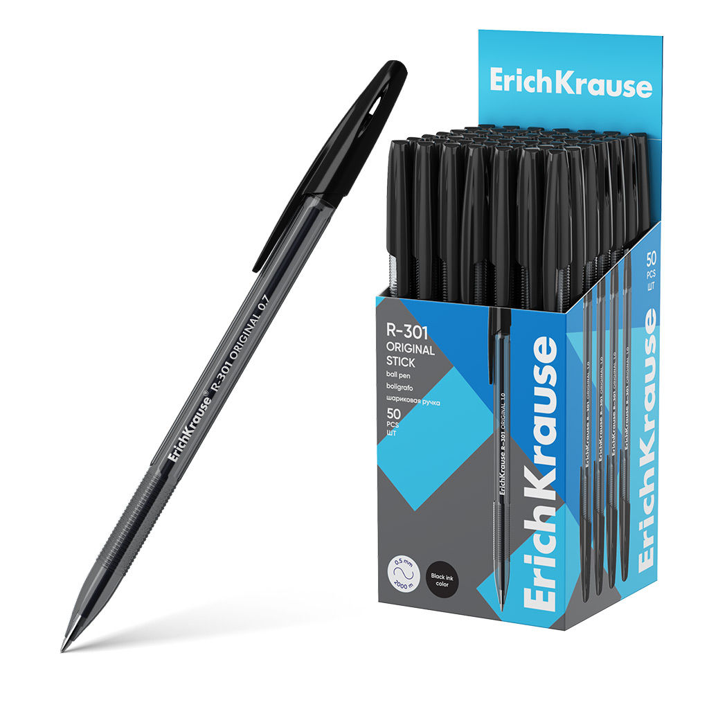 Цена за 50 шт. Ручка шариковая ErichKrause R-301 Stick Original 1.0, цвет чернил черный (в коробке по 50 шт.)