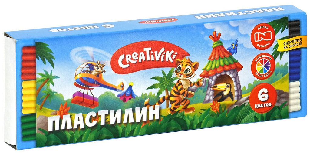 Цена за 2 шт. Пластилин Creativiki 6 цветов 90 г ассорти, со стеком