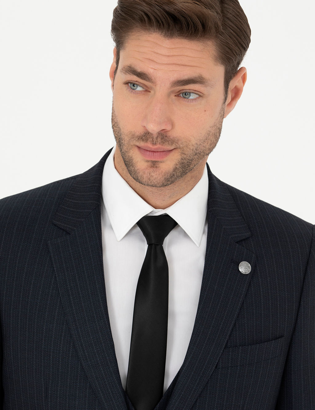 Lacivert Slim Fit _izgili Yelekli Tak_m Elbise