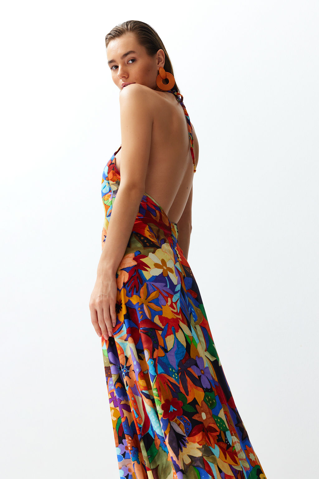 Cicek Desenli Dokuma S?rt Dekolteli Maxi Plaj Elbise TBESS24EL00022