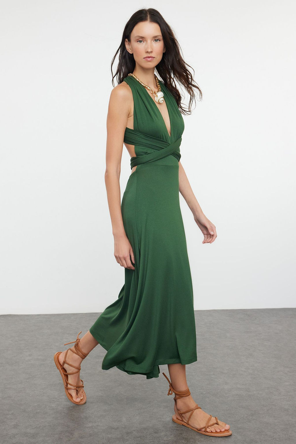 TRENDYOLMILLA Ekru Midi Orme Baglamal? Plaj Elbisesi TBESS24EL00162