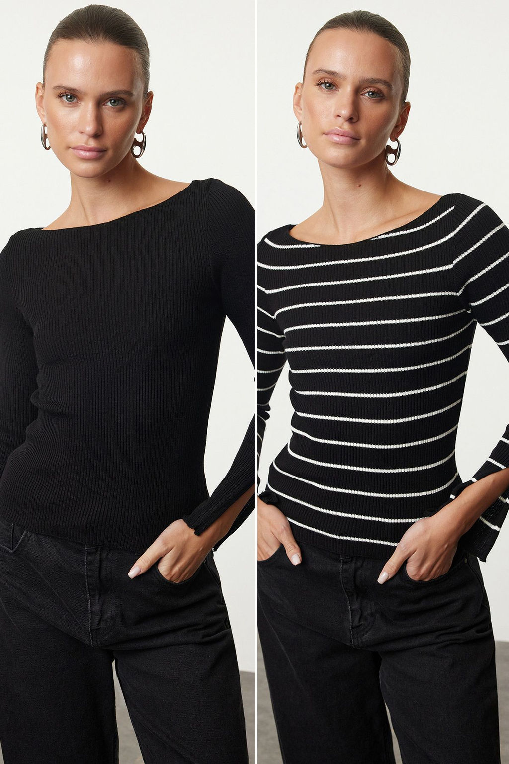 TRENDYOLMILLA Siyah-Ekru Basic 2li Paket Duz-Cizgili Triko Kazak TWOAW25KZ00369