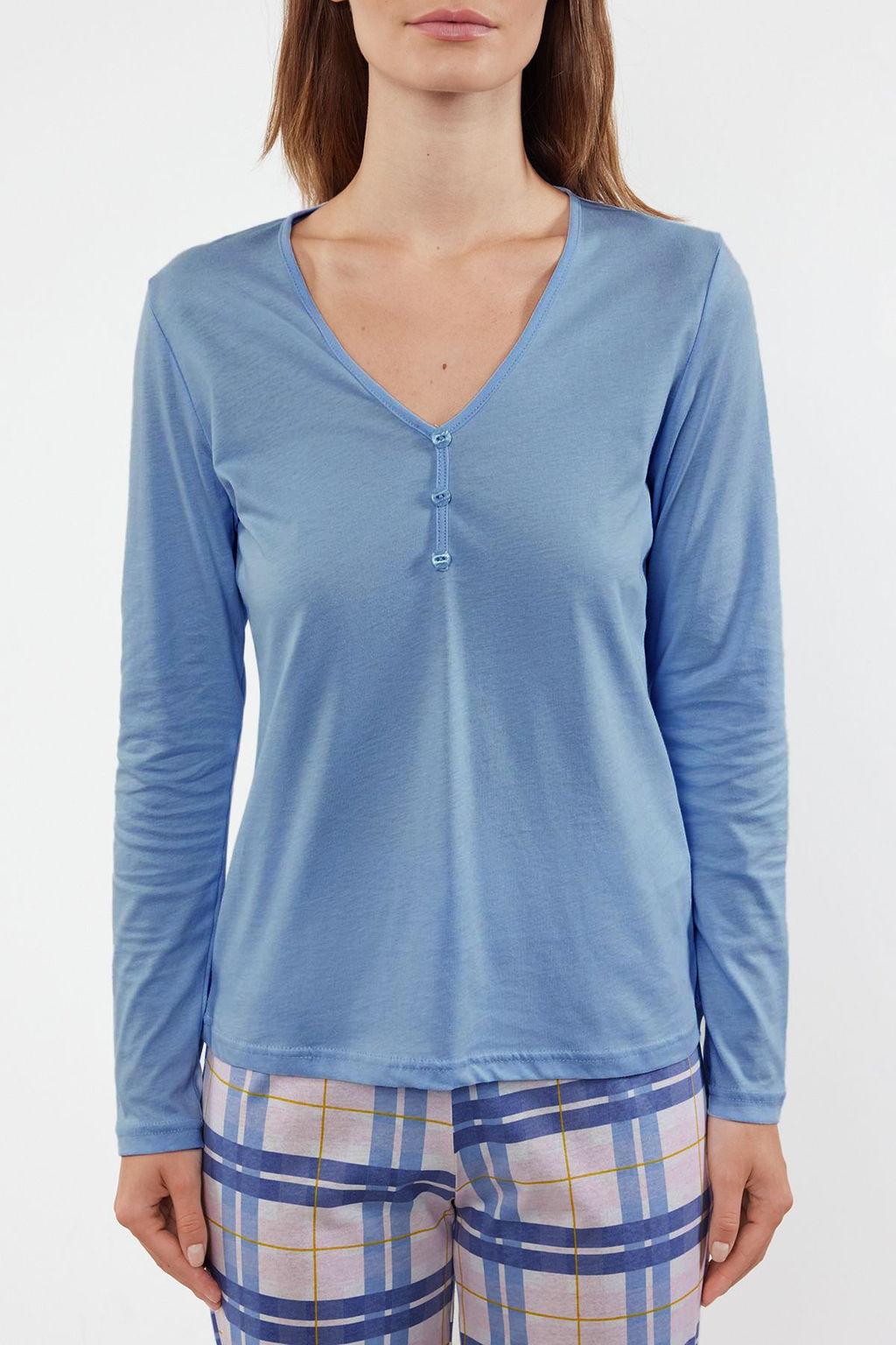 Mavi %100 Pamuklu Ekoseli Baglama ve Dugme Detayl? Orme Pijama Tak?m? THMAW25PT00004 - Trendyolmilla фото 3