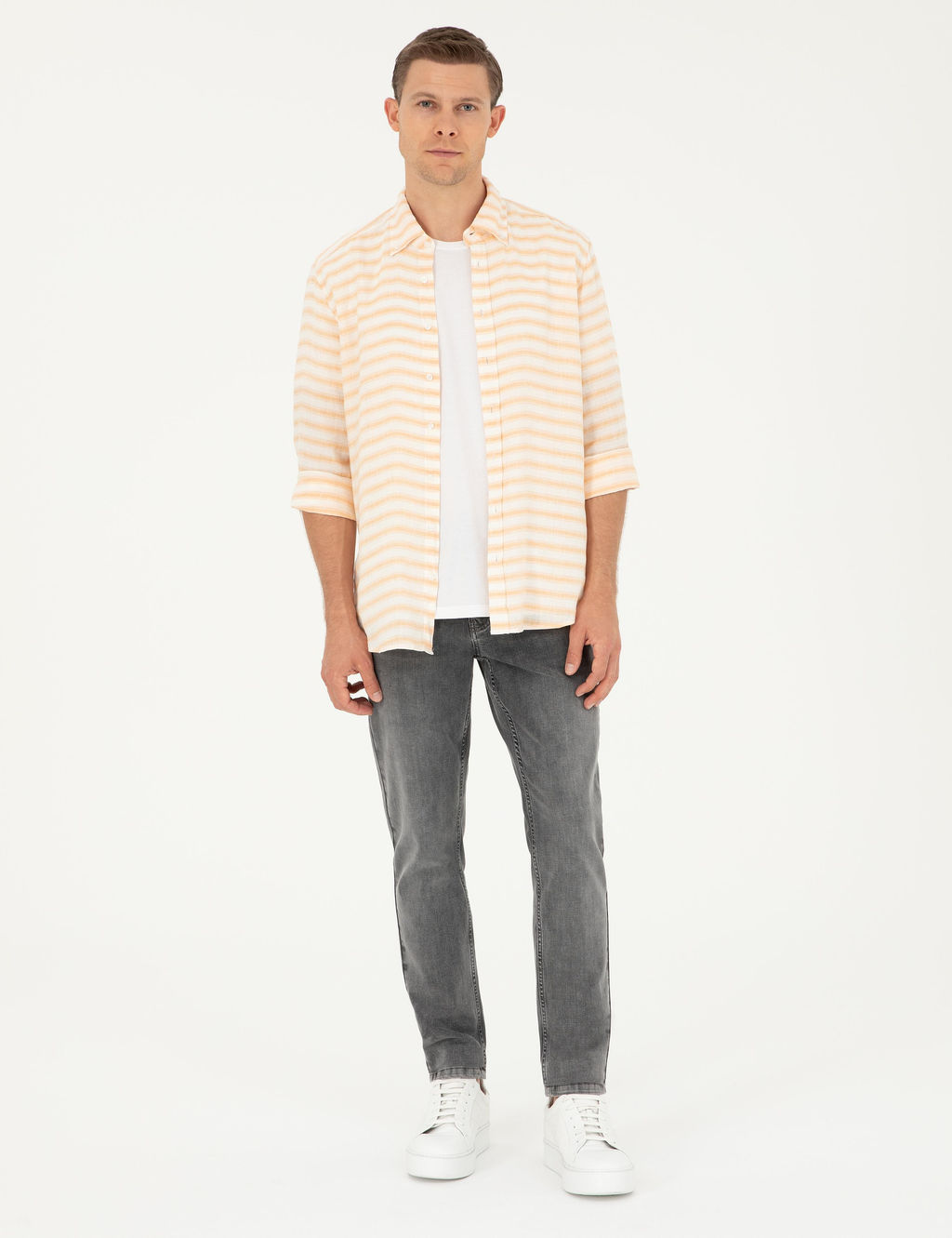 Turuncu Keten Kar___ml_ Slim Fit Uzun Kollu G_mlek