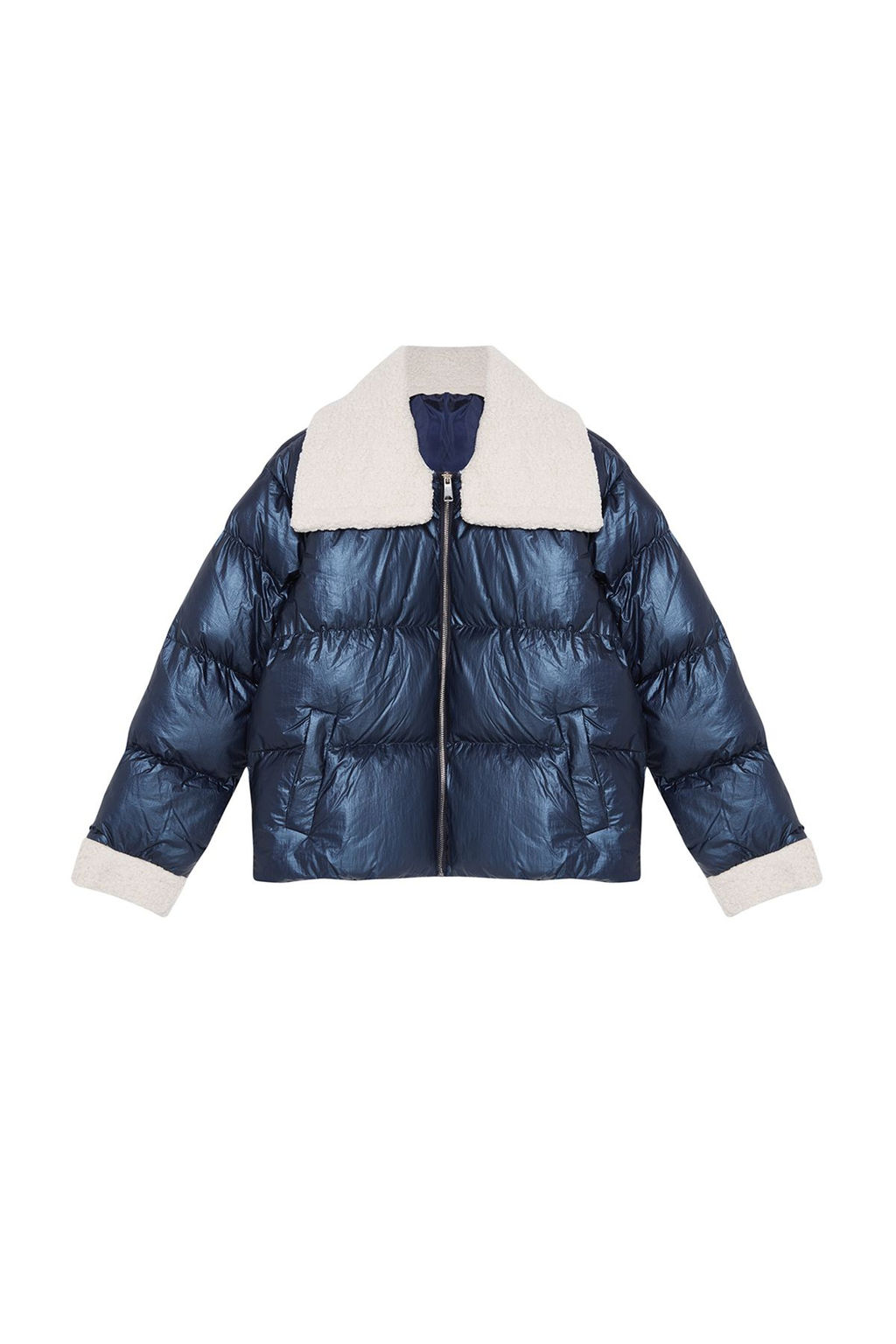 TRENDYOLMILLA Lacivert Yakas? Pelus ve Kemer Detayl? Parlak Su Itici Sisme Mont TWOAW25MO00062  фото 8