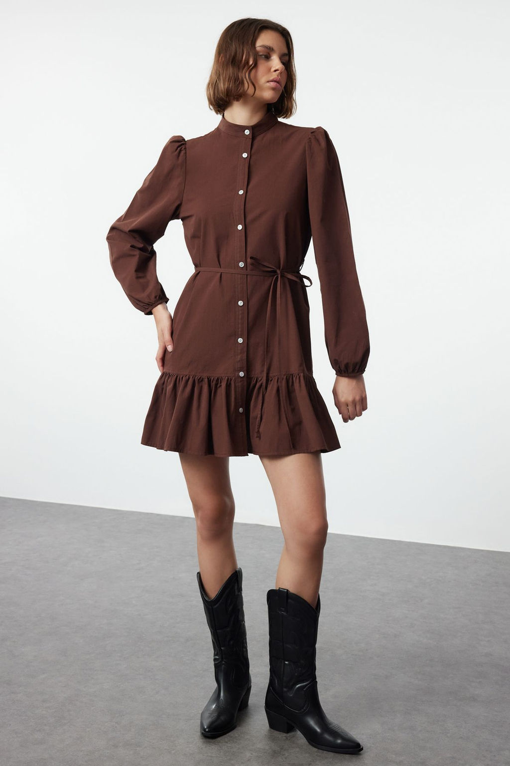 TRENDYOLMILLA Gul Kurusu Kusakl? Duz Mini Kusakl? Uzun Kollu Mini Dokuma Elbise TWOAW24EL00795