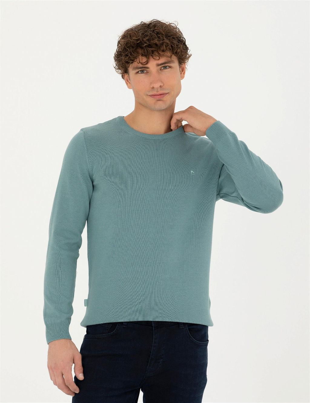 Koyu Mint Slim Fit Bisiklet Yaka Basic Triko Kazak