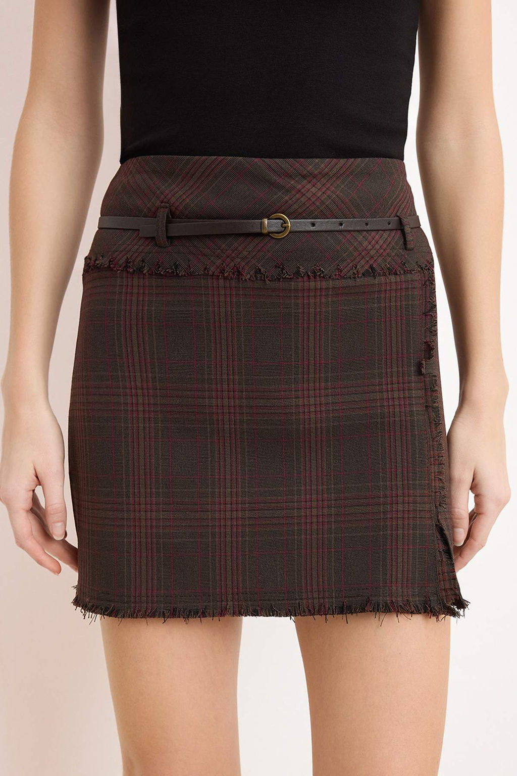 Bordo A-line/Can Kal?p Ekoseli Dokuma Mini Etek TWOSS26ET00035 - Trendyolmilla фото 3