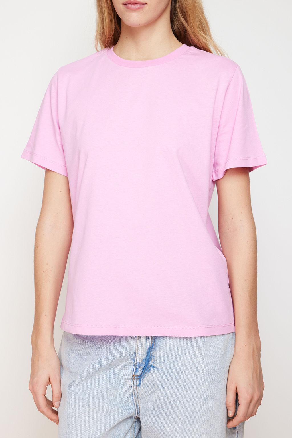 Pembe %100 Pamuk Basic Bisiklet Yaka Orme T-Shirt TWOSS23TS00000