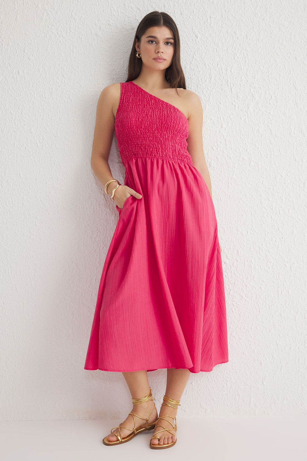 TRENDYOLMILLA Kahverengi Belden Ac?lan Ust Bedeni Gipeli Tek Omuz Midi Dokuma Elbise TWOSS23EL01830  фото 33