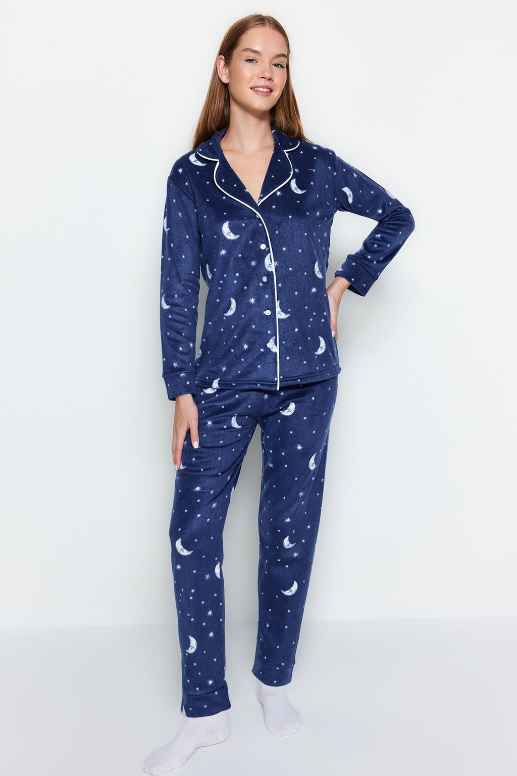 Trendyolmilla Lacivert Ay Desenli Polar K?sl?k Orme Pijama Tak?m? THMAW22PT0362  фото 4