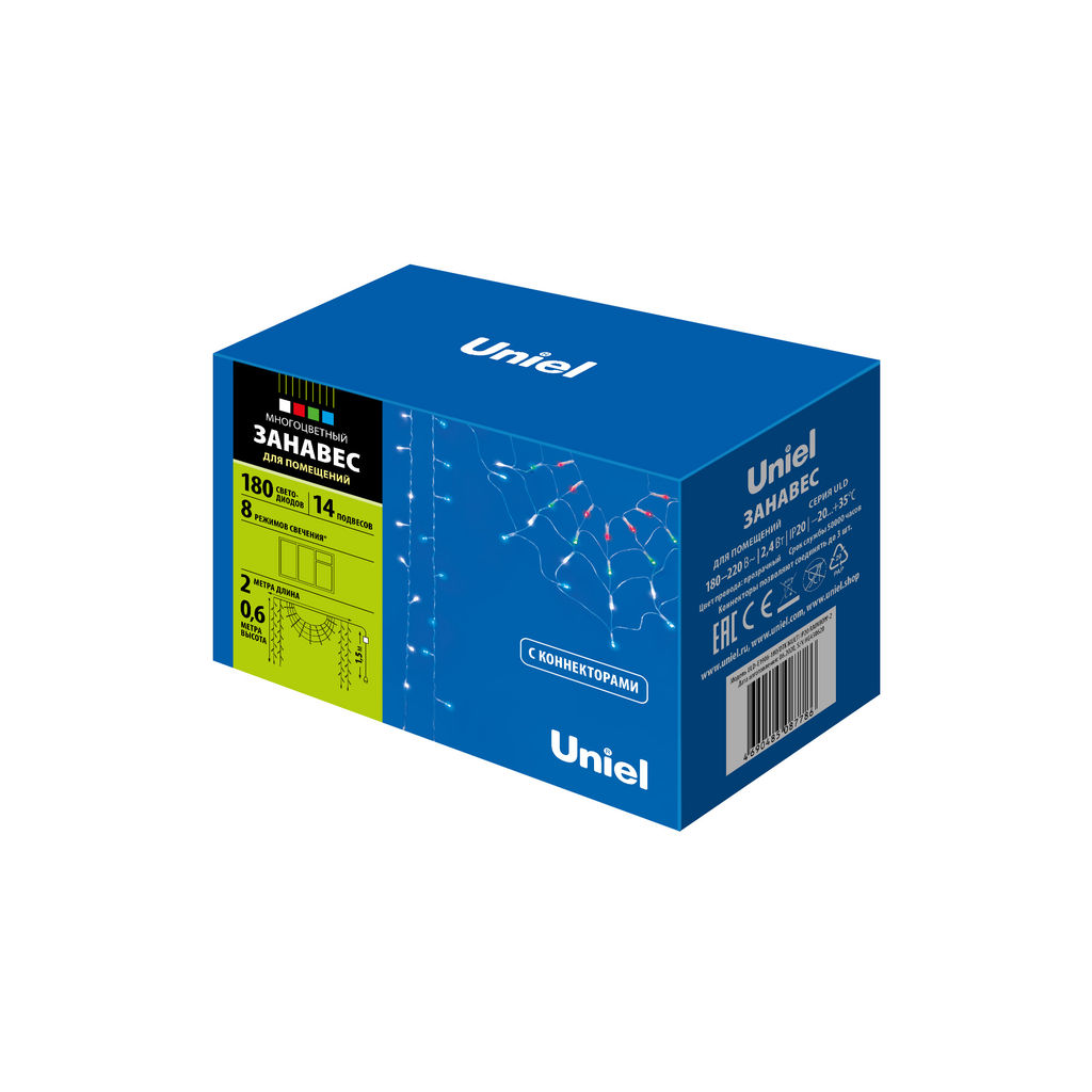 ULD-E1906-180/DTK MULTI IP20 RAINBOW-2 Занавес светодиодный фигурный "Радуга", 1,9х0,6м. 14 подвесов. 180 светодиодов. Красный, зеленый, белый, синий свет. Провод прозрачный. TM Uniel.