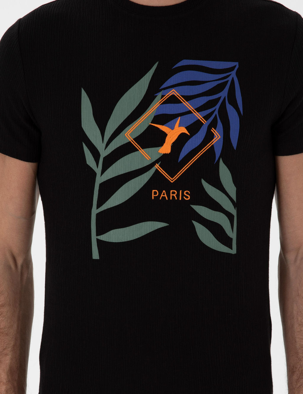 Siyah Slim Fit Bisiklet Yaka Desenli T-shirt