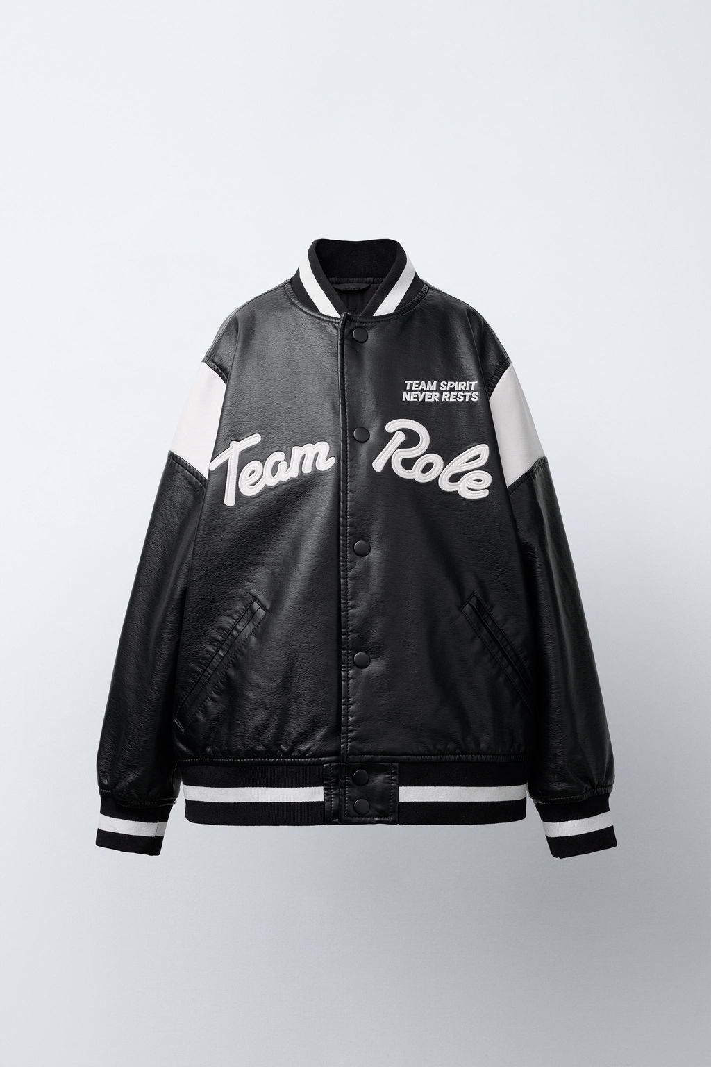 FAUX LEATHER BOMBER JACKET WITH EMBROIDERED TEXT