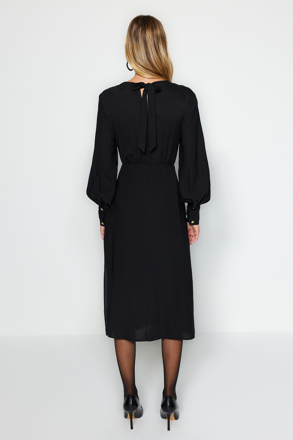 TRENDYOLMILLA Siyah Midi Y?rtmacl? Dokuma Elbise TWOAW24EL00851  фото 11